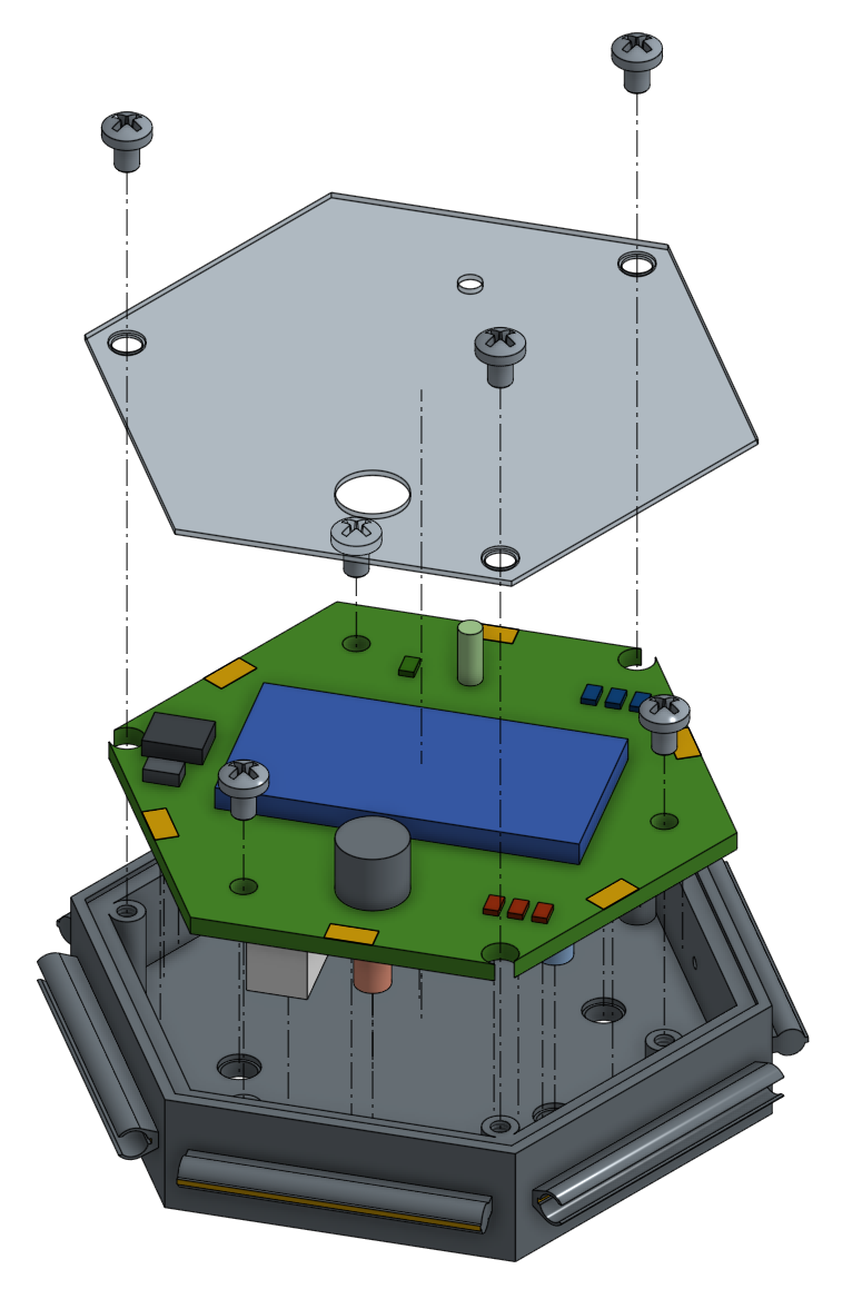 Exploded CAD assembly showing PCB, battery, LEDs and housing